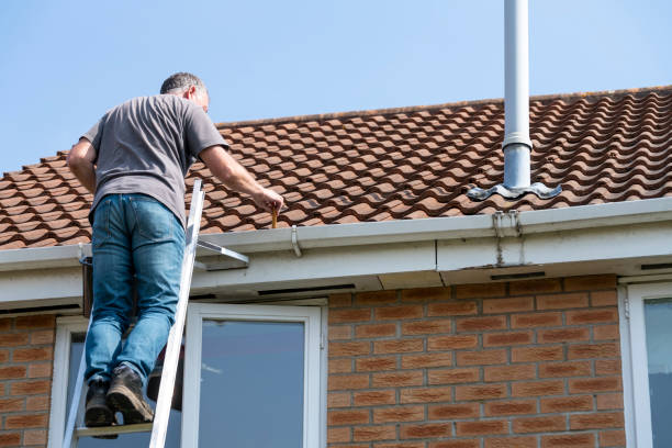 roofing contractor standing on ladder, replacing tiles in Cardiff
